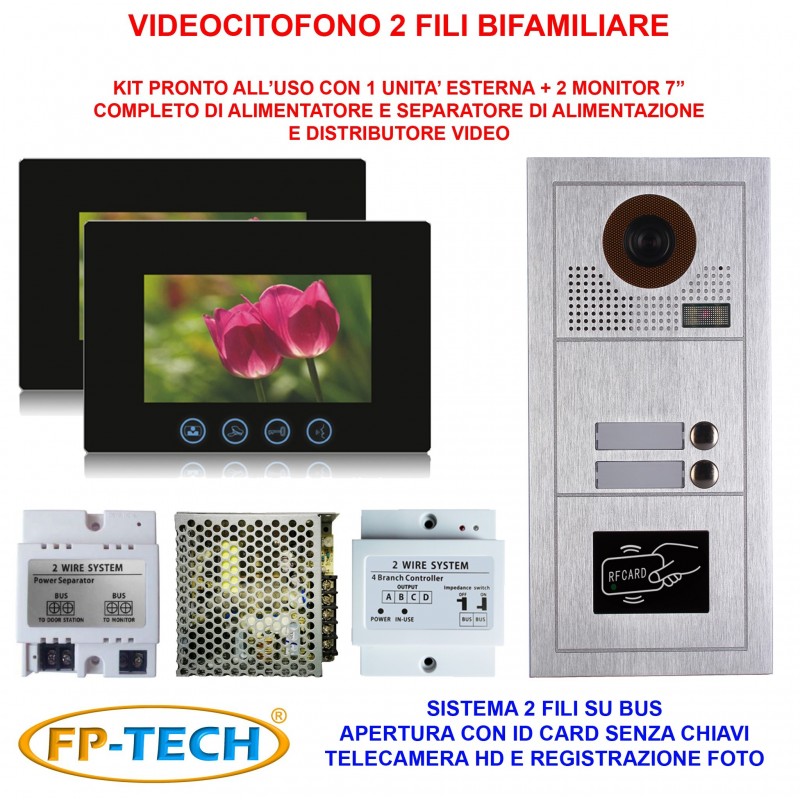 VIDEOCITOFONO 2 FILI 1 2 3 4 MONITOR LCD TOUCH FAMILIARE BIFAMILIARE CONDOMINIALE TELECAMERA (Kit Bifamiliare Completo)