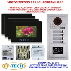 VIDEOCITOFONO 2 FILI 1 2 3 4 MONITOR LCD TOUCH FAMILIARE BIFAMILIARE CONDOMINIALE TELECAMERA (Kit Quadrifamiliare Completo)