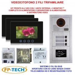 VIDEOCITOFONO 2 FILI 1 2 3 4 MONITOR LCD TOUCH FAMILIARE BIFAMILIARE CONDOMINIALE TELECAMERA (Kit Trifamiliare Completo)