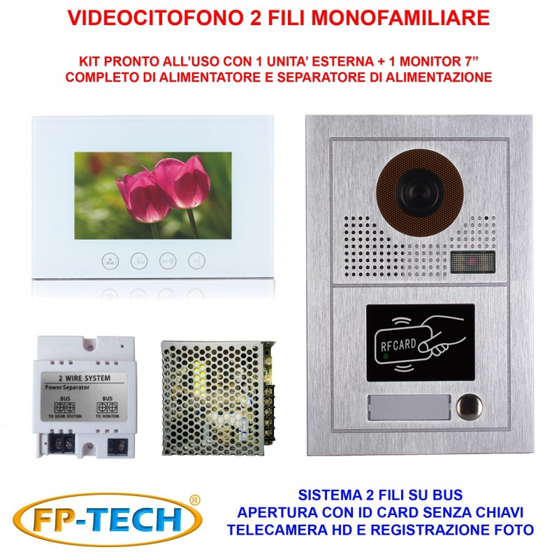 VIDEOCITOFONO 2 FILI 1 2 3 4 MONITOR LCD TOUCH FAMILIARE BIFAMILIARE CONDOMINIALE TELECAMERA (Kit Monofamiliare Completo Bianco)