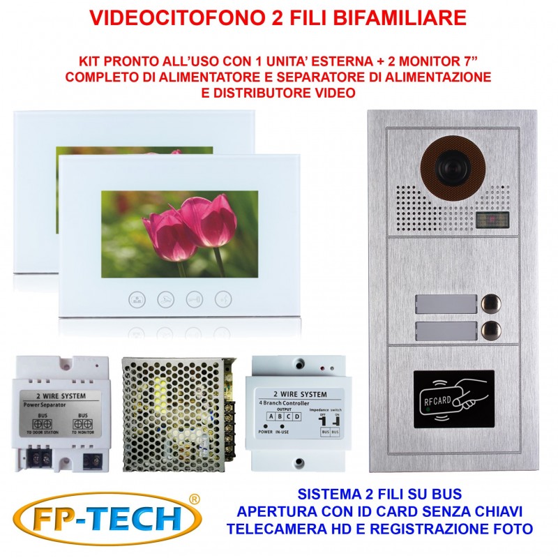 VIDEOCITOFONO 2 FILI 1 2 3 4 MONITOR LCD TOUCH FAMILIARE BIFAMILIARE CONDOMINIALE TELECAMERA (Kit Bifamiliare Completo Bianco)