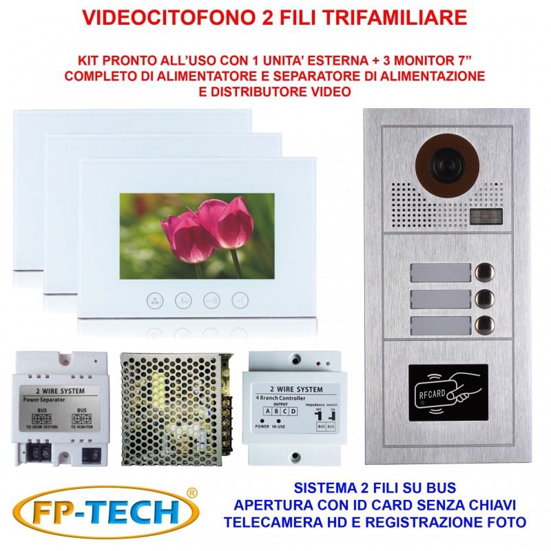 VIDEOCITOFONO 2 FILI 1 2 3 4 MONITOR LCD TOUCH FAMILIARE BIFAMILIARE CONDOMINIALE TELECAMERA (Kit Trifamiliare Completo Bianco)