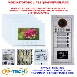 VIDEOCITOFONO 2 FILI 1 2 3 4 MONITOR LCD TOUCH BIFAMILIARE CONDOMINIALE TELECAMERA (Kit Quadrifamiliare Completo Bianco)