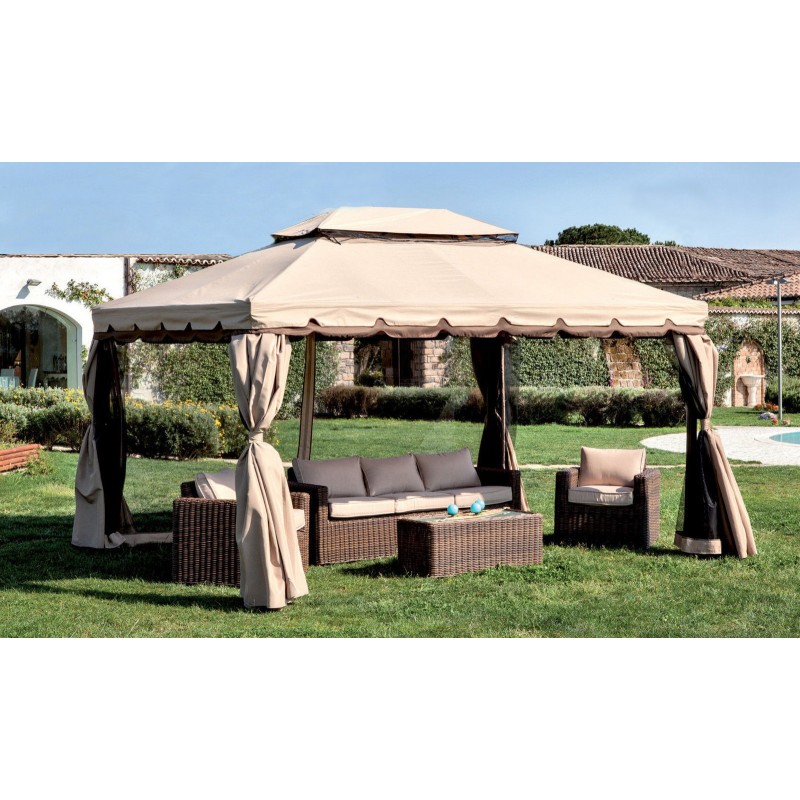 GAZEBO DA GIARDINO 3X4 IN ALLUMINIO TELO ANTIPIOGGIA ZANZARIERA E CAMINO  ROBUSTO E ANCORABILE