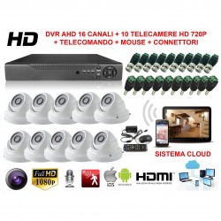 KIT VIDEOSORVEGLIANZA DOME 16 CANALI AHD CON SISTEMA CLOUD VISIONE DA REMOTO E 10 TELECAMERE HD NUOVO 