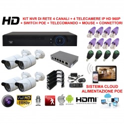 KIT VIDEOSORVEGLIANZA POE IP NVR CLOUD 4 CANALI 4 TELECAMERE HD ONVIF SWITCH