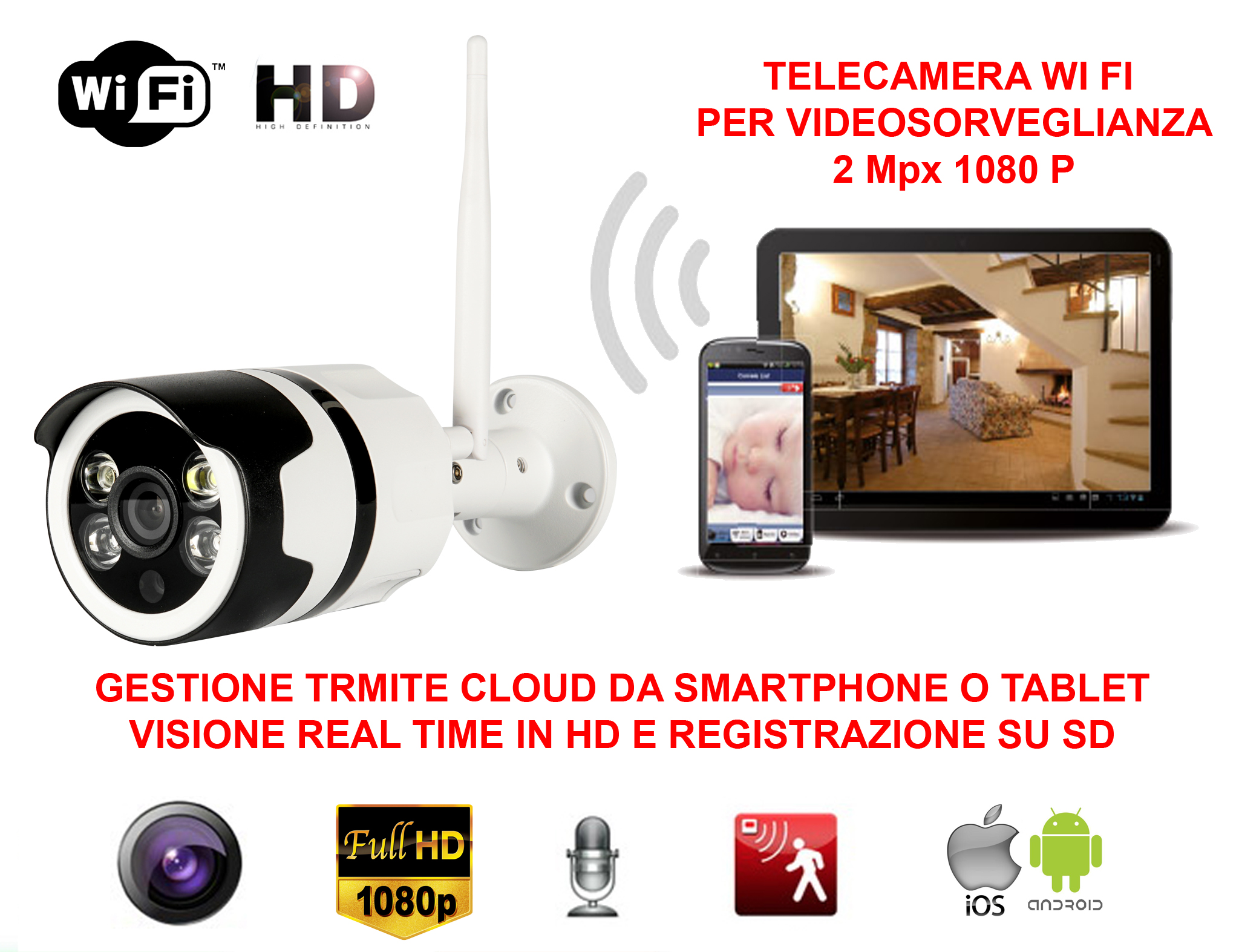 Telecamera Videosorveglianza Ip Hd 1080p Wireless 2 Mpx Esterno